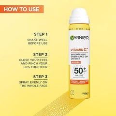Garnier Vitamin C Brightening Over Make-Up UV Mist Invisible with SPF50+ and Vitamin C. Approved Cruelty free, Vegan - 75ML