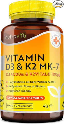 Nutravita Vitamin D3 4000 IU & Vitamin K2 100ug MK7 (K2VITAL®) - Clinically Proven Ingredients – Max Strength - 120Capsules – Supports Normal Immune System – Cholecalciferol & Menaquinone-7