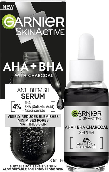 Garnier Skinactive 4% AHA + BHA (Salicylic Acid) & Niacinamide Charcoal Serum, Resurface & Smooth Skin Texture, Improve Appearance Of Marks & Blemishes, Suitable for Sensitive Skin, 30ml