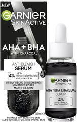 Garnier Skinactive 4% AHA + BHA (Salicylic Acid) & Niacinamide Charcoal Serum, Resurface & Smooth Skin Texture, Improve Appearance Of Marks & Blemishes, Suitable for Sensitive Skin, 30ml