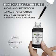Garnier Skinactive 4% AHA + BHA (Salicylic Acid) & Niacinamide Charcoal Serum, Resurface & Smooth Skin Texture, Improve Appearance Of Marks & Blemishes, Suitable for Sensitive Skin, 30ml