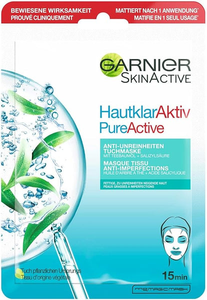 Garnier Cloth Mask, Face Mask for Oily Skin, Anti-Impurities, Formula with Tea Tree Oil and Salicylic Acid, Clear Active, 23 g