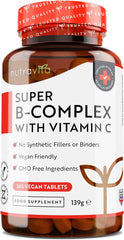 Nutravita Super Vitamin B Complex - 365 High Strength Tablets (6 Month Supply) - All 8 B Vitamins B1-B2-B3-B5-B6-B12, Biotin, Folic Acid with Vitamin C - Reduces Tiredness & Fatigue