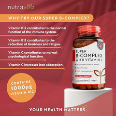 Nutravita Super Vitamin B Complex - 365 High Strength Tablets (6 Month Supply) - All 8 B Vitamins B1-B2-B3-B5-B6-B12, Biotin, Folic Acid with Vitamin C - Reduces Tiredness & Fatigue