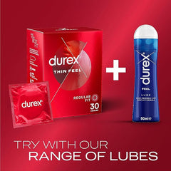 Durex Thin Feel Condoms, 30 Pack, Regular Size Fit, Thin Condom for Increased Sensitivity, Contraception, Thinnest Condom, Best Condoms for Feeling, Natural Latex Condom with Silicon Lube