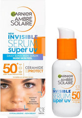 Garnier Ambre Solaire SPF 50+ Super UV Invisible Serum Moisturiser for Face, High Protection Against UVA & UVB, Sun Cream for all Skin Types, With Hyaluronic Acid, Vitamin E & Ceramides, Vegan, 30ml
