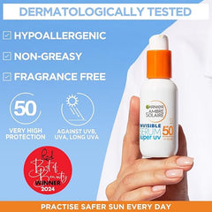 Garnier Ambre Solaire SPF 50+ Super UV Invisible Serum Moisturiser for Face, High Protection Against UVA & UVB, Sun Cream for all Skin Types, With Hyaluronic Acid, Vitamin E & Ceramides, Vegan, 30ml