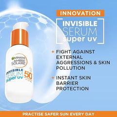 Garnier Ambre Solaire SPF 50+ Super UV Invisible Serum Moisturiser for Face, High Protection Against UVA & UVB, Sun Cream for all Skin Types, With Hyaluronic Acid, Vitamin E & Ceramides, Vegan, 30ml