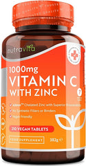 Nutravita Vitamin C and Zinc Tablets - High Strength Vitamin C 1000mg with Albion® Zinc 15mg for better Absorption - 7 Month Supply - Vit C Zinc Supplements for Normal Immune System - 210 Vegan Tabs