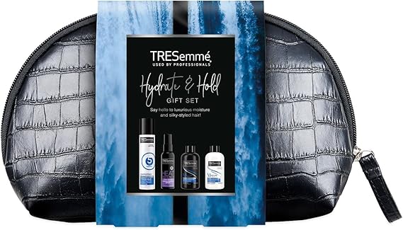 TRESemmé Perfect Hair On-The-Go including Freeze Hold Hairspray with a small faux croc black wash bag Festive Gift Set for Women 4 piece