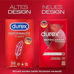 Durex Thin Feel Condoms, Regular Fit, 20s, Secure, Natural Latex, with Silicone Lube, Easy On Shape, More Sensitivity