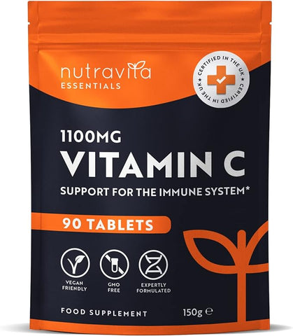 Nutravita Vitamin C Tablets 1100mg – 90 Premium Vegan and Vegetarian Tablets – 3 Month Supply – High Strength Ascorbic Acid – for Normal Function of The Immune System