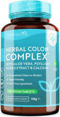 Nutravita Herbal Colon Cleanse Complex - 120 Vegan Tablets - Enriched with Aloe Vera, Psyllium Husk Extract & Calcium - Natural Colon Cleanser with Friendly Bacteria, Ginger Root, ACV & Cayenne