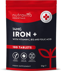 Nutravita Iron Tablets High Strength 14mg – 180 Vegan Iron Tablets, 6 Month Supply - High Absorption Iron Supplements for Women & Men - with Vit C, B12, Folic Acid - Reduction of Tiredness & Fatigue