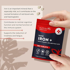 Nutravita Iron Tablets High Strength 14mg – 180 Vegan Iron Tablets, 6 Month Supply - High Absorption Iron Supplements for Women & Men - with Vit C, B12, Folic Acid - Reduction of Tiredness & Fatigue