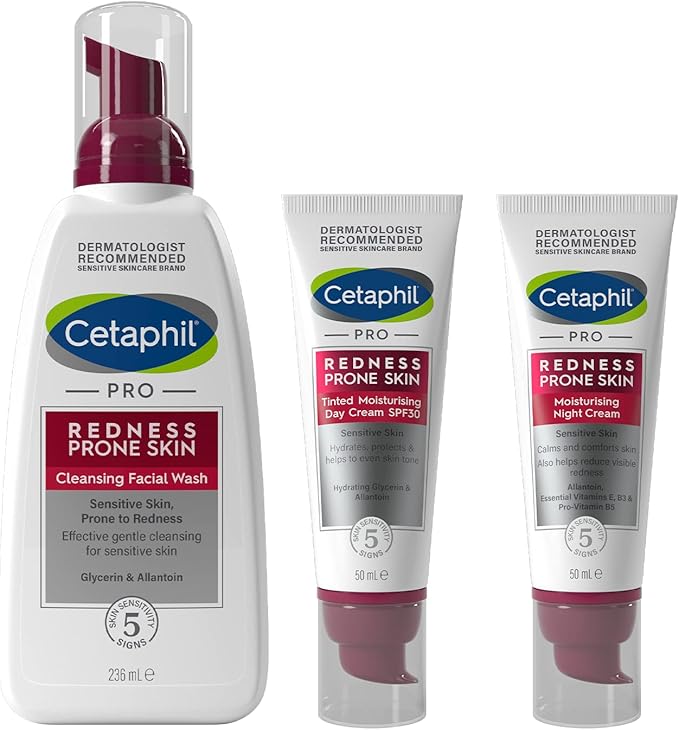 Cetaphil PRO Face wash 236 ml with Tinted Moisturiser Day Cream 50ml and Night Cream 50ml, Sensitive Skin Care, Anti Redness Rosacea, Non-comedogenic, Dermatologist recommended