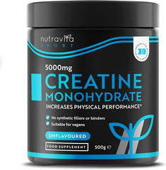 Nutravita Creatine Monohydrate Powder 5000mg - 500g After/Pre Workout Powder - for Recovery & Physical Performance - Men & Women Exercise Supplement - Vegan - 100 Servings - Unflavoured