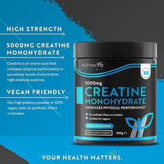 Nutravita Creatine Monohydrate Powder 5000mg - 500g After/Pre Workout Powder - for Recovery & Physical Performance - Men & Women Exercise Supplement - Vegan - 100 Servings - Unflavoured