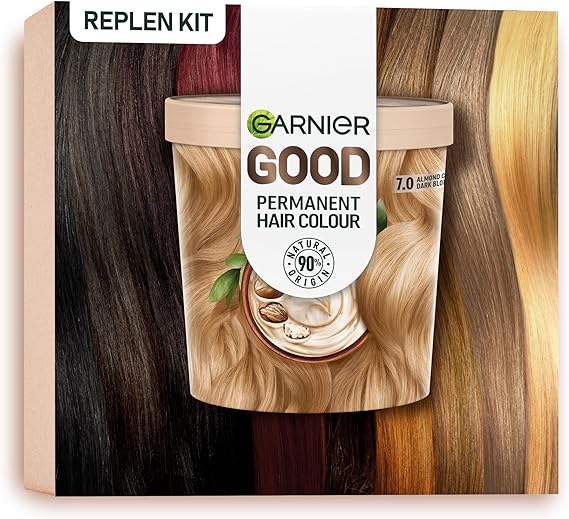 Garnier Good Permanent Hair Dye Replen Kit, 7.0 Almond Creme Dark Blonde, Up To 100% Grey Coverage, 8 Weeks Long-Lasting Colour, No-Drip Application