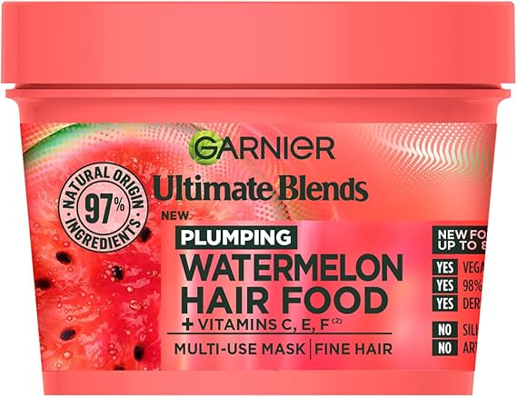 Garnier Hair Food 3-In-1 Fine Hair Treatment Mask, 4x More Plumped Hair, For Fine Hair, No Silicones, Vegan Formula, Watermelon, Ultimate Blends, 400ml (Packaging may vary)