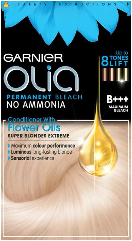 Garnier Olia Permanent Hair Dye, No Ammonia, Full Grey Coverage, Long-lasting Colour & Shine, Vegan Formula, Colour: B+++ Maximum Bleach Blonde, 230g