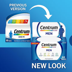 Centrum Men 50+ Multivitamin Tablets for Men, Vitamins with 23 Essential Nutrients, including Vitamin C, D and Zinc, 60 ct (Packaging and Tablet colour may vary slightly)