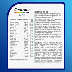 Centrum Men 50+ Multivitamin Tablets for Men, Vitamins with 23 Essential Nutrients, including Vitamin C, D and Zinc, 60 ct (Packaging and Tablet colour may vary slightly)
