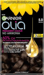 Garnier Olia Permanent Hair Dye, No Ammonia, Full Grey Coverage, Long-lasting Colour & Shine, Vegan Formula, Colour: 5.0 Brown, 230g
