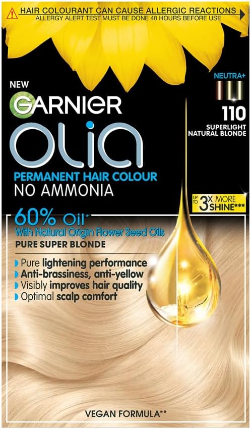 Garnier Olia Permanent Hair Dye, No Ammonia, Full Grey Coverage, Long-lasting Colour & Shine, Vegan Formula, Colour: 110 Super Light Natural Blonde, 230g