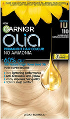 Garnier Olia Permanent Hair Dye, No Ammonia, Full Grey Coverage, Long-lasting Colour & Shine, Vegan Formula, Colour: 110 Super Light Natural Blonde, 230g