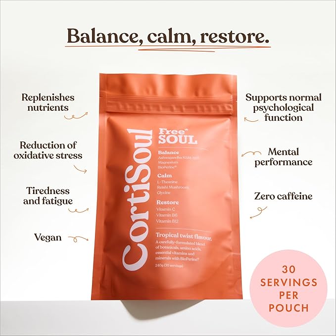 Free Soul CortiSoul with KSM-66® Ashwagandha, L-theanine, Magnesium & Reishi Mushrooms | Nutrient-Rich Superfoods, Adaptogens & Vitamins | Vegan | 30 Servings | Cortisol | Tropical Twist Flavour