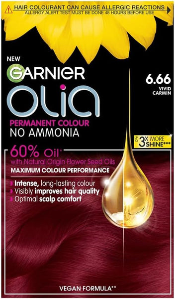 Garnier Olia Permanent Hair Dye, No Ammonia, Full Grey Coverage, Long-lasting Colour & Shine, Vegan Formula, Colour: 6.66 Vivid Garnet Red, 230g
