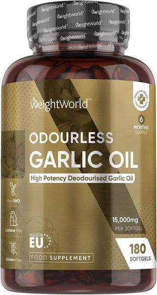 WeightWorld Garlic Capsules Odourless High Strength 45,000mg – 180 Softgels (Upto 3 Softgels A Day) - Cold Pressed Garlic Oil Extract - High in Allicin - Deodourised Garlic Supplement (not Garlic Tablets)