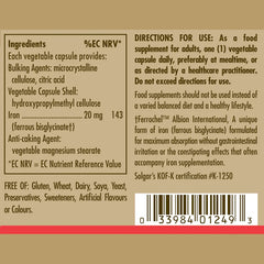Solgar-Gentle Iron (Iron Bisglycinate) 20 mg Vegetable Capsules
