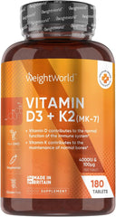WeightWorld Vitamin D3 K2 MK7-6 Months Supply (180 VIT D3 & K2 Tablets) - Vegetarian Vitamin D 4000IU & 100ug K2- High Strength Vitamin D Supplement for Women & Men - D3 and K2 Vitamin for Bone & Immune System