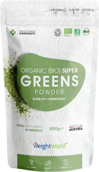 WeightWorld Organic Super Greens Powder 200g (40 Servings) – Vitamins & Mineral Rich Green Powder - Soil Association Certified - Blend of Greens and Superfood Powder - GMO Free & Alkaline Superfood Powder