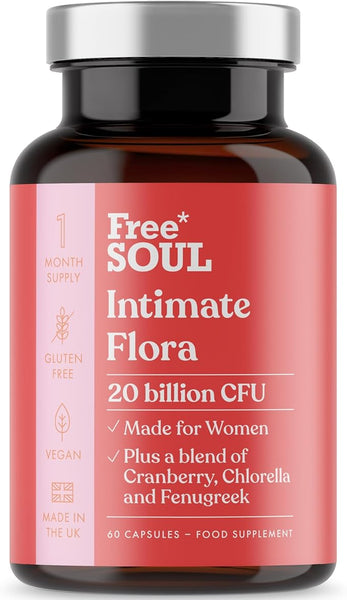 Intimate Flora for Women | 20 Billion CFU Fortified with 15,000mg Cranberry, Fenugreek & Chlorella | Bio Cultures for Women's Intimate Flora | 60 Capsules | Free Soul