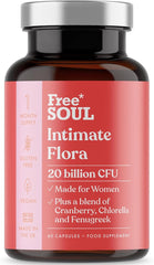 Intimate Flora for Women | 20 Billion CFU Fortified with 15,000mg Cranberry, Fenugreek & Chlorella | Bio Cultures for Women's Intimate Flora | 60 Capsules | Free Soul