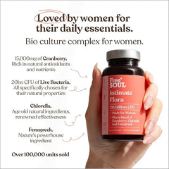 Intimate Flora for Women | 20 Billion CFU Fortified with 15,000mg Cranberry, Fenugreek & Chlorella | Bio Cultures for Women's Intimate Flora | 60 Capsules | Free Soul