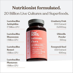 Intimate Flora for Women | 20 Billion CFU Fortified with 15,000mg Cranberry, Fenugreek & Chlorella | Bio Cultures for Women's Intimate Flora | 60 Capsules | Free Soul