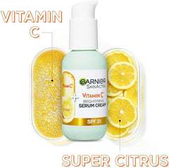 Garnier Vitamin C Serum Cream, 2in1 Formula With 20% Vitamin C serum & SPF 25 Moisturiser, Hydrate & Reveal Bright Glowing Skin, Organic & Vegan Formula, 50ml