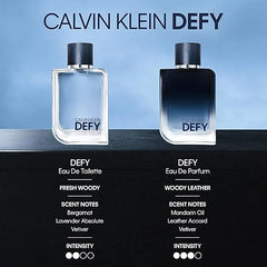 CALVIN KLEIN Defy - Eau de Parfum for Men - Woody & Leathery Fragrance with Notes of Mandarin Oil, Leather Accord and Vetiver - Medium Longevity