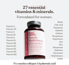 Women's Multivitamins & Minerals with Marine Collagen & Hyaluronic Acid | 27 Essential Vitamins, Minerals, & Botanicals | Gluten-Free & No Synthetic Fillers or Binders | 60 Tablets | Free Soul