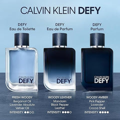 CALVIN KLEIN Defy - Eau de Parfum for Men - Woody & Leathery Fragrance with Notes of Mandarin Oil, Leather Accord and Vetiver - Medium Longevity