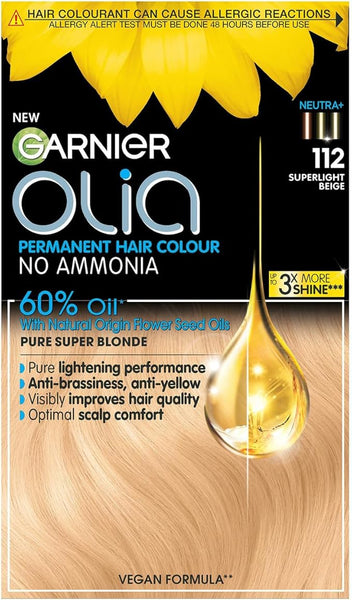 Garnier Olia Permanent Hair Dye, Up to 100% Grey Hair Coverage, No Ammonia, 60% Oils, 112 Super Light Beige Blonde