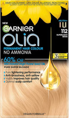 Garnier Olia Permanent Hair Dye, Up to 100% Grey Hair Coverage, No Ammonia, 60% Oils, 112 Super Light Beige Blonde