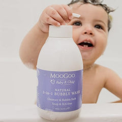 MooGoo 2-in-1 Bubbly Wash - A gentle cleansing baby bubble bath, body wash and baby shampoo - Great for sensitive and delicate baby skin - vegan, cruelty-free, fragrance-free, and SLS-free formula