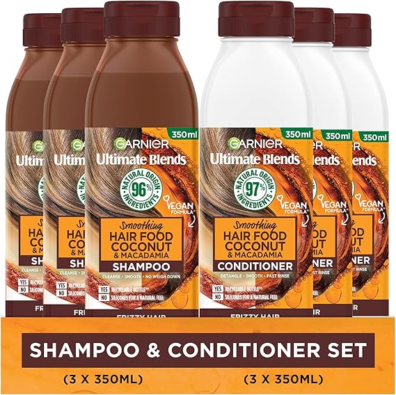 Garnier Shampoo & Conditioner Set by Ultimate Blends, Smoothing Coconut Hair Food For Curly and Frizzy Hair, 98 Percent Natural Origin Ingredients,3 x 350ml Shampoo and 3 x 350ml Conditioner