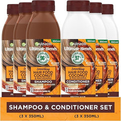 Garnier Shampoo & Conditioner Set by Ultimate Blends, Smoothing Coconut Hair Food For Curly and Frizzy Hair, 98 Percent Natural Origin Ingredients,3 x 350ml Shampoo and 3 x 350ml Conditioner