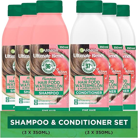 Garnier Shampoo & Conditioner Set By Ultimate Blends, Plumping Watermelon Hair Food Fine Hair, 98 Percent Natural Origin Ingredients, 100% Vegan Formula, 3 X 350ml Shampoo & 3 X 350ml Conditioner